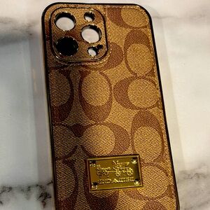 Coach Brown Signature Monogram Phone Case with Gold Plaque